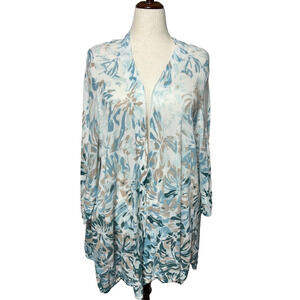 Catherines Swim Cover Up Womens 3X White Blue Tropical Mesh Open Front Beachy